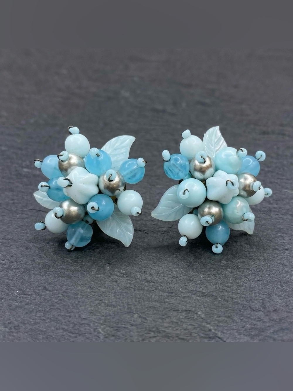 Vintage 50s West Germany Retro Pastel Sky Blue Glass Cluster Clip Earrings